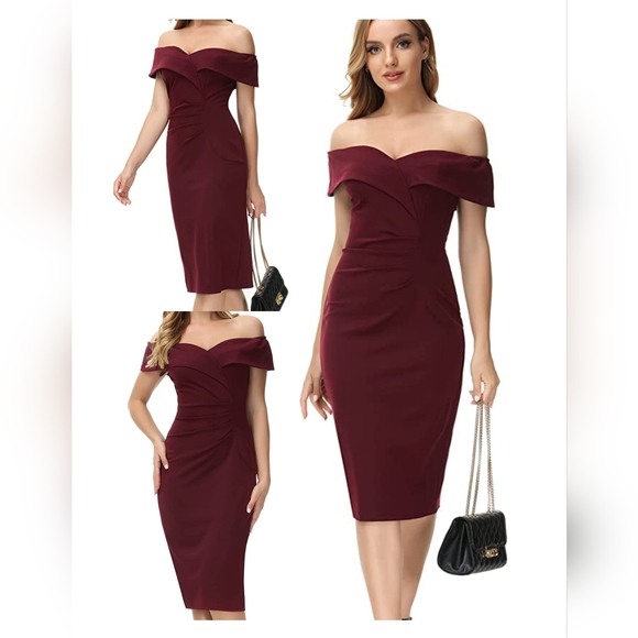 Vintage Inspired Off The Shoulder Bodycon Dress Large Wine Red - Picture 1 of 6